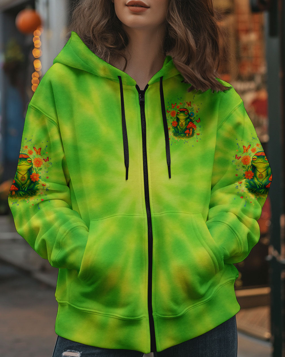 Don_E2_80_99t Worry Be Happy and Peaceful Frog Tie Dye Neon Green Design for Women AOP Shirts _11_ oynqp