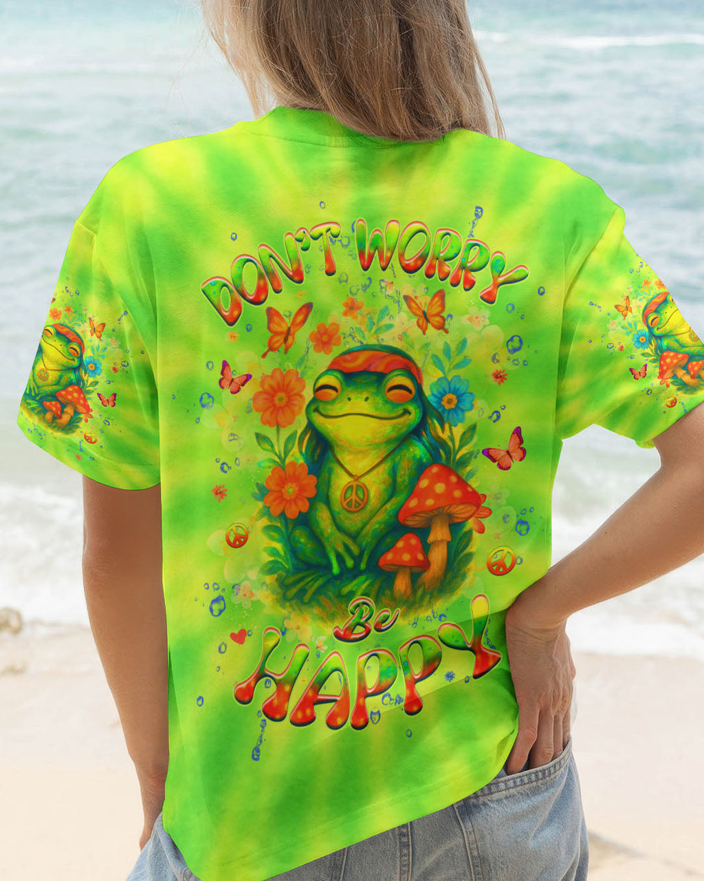 Don_E2_80_99t Worry Be Happy and Peaceful Frog Tie Dye Neon Green Design for Women AOP Shirts _1_ BHwFi
