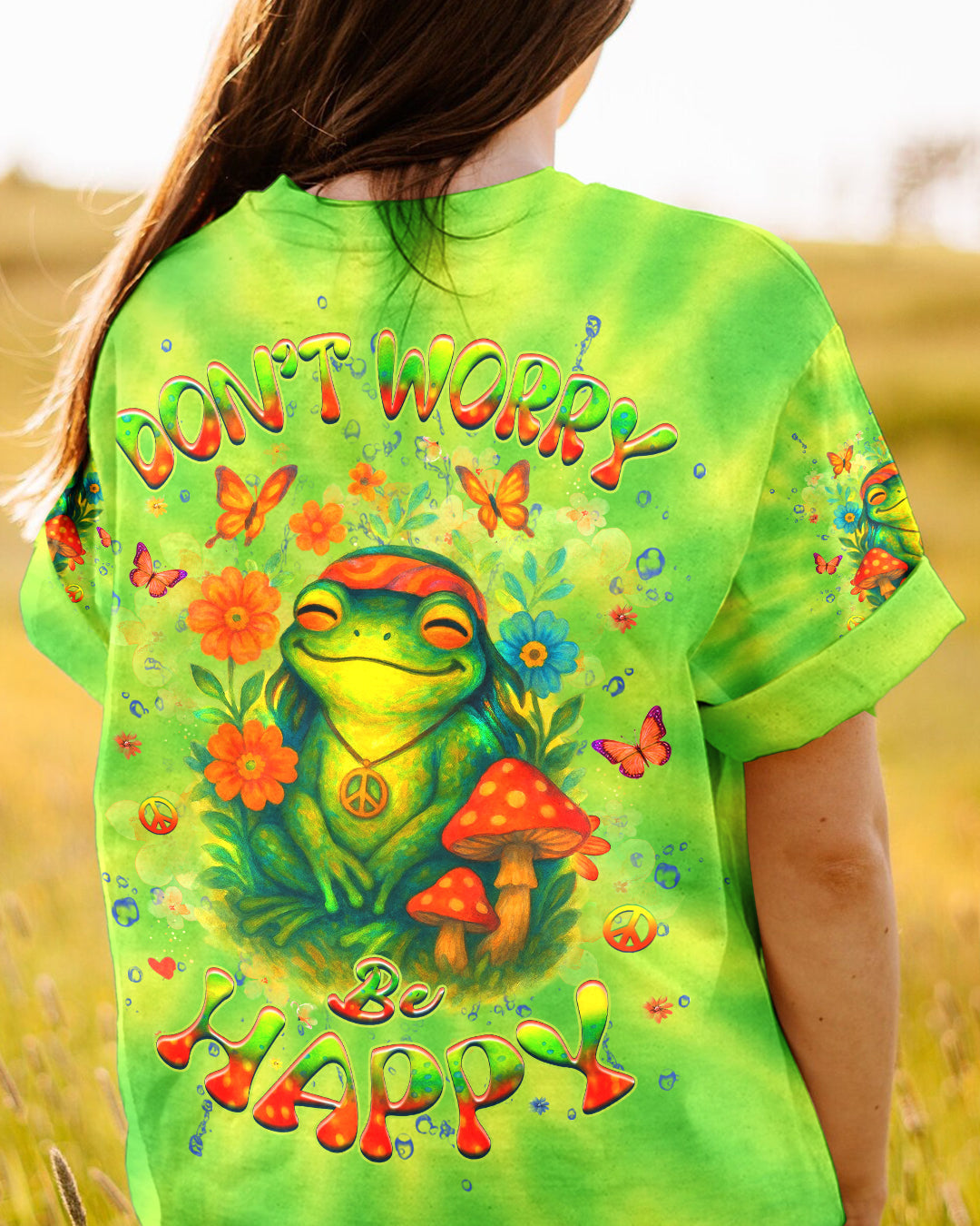 Don_E2_80_99t Worry Be Happy and Peaceful Frog Tie Dye Neon Green Design for Women AOP Shirts _4_ NE49W