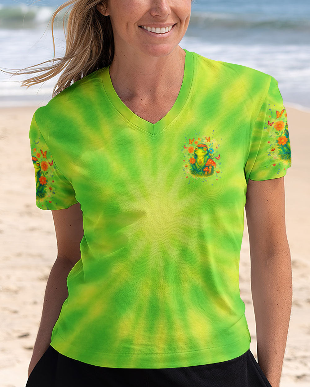 Don_E2_80_99t Worry Be Happy and Peaceful Frog Tie Dye Neon Green Design for Women AOP Shirts _5_ hZja5