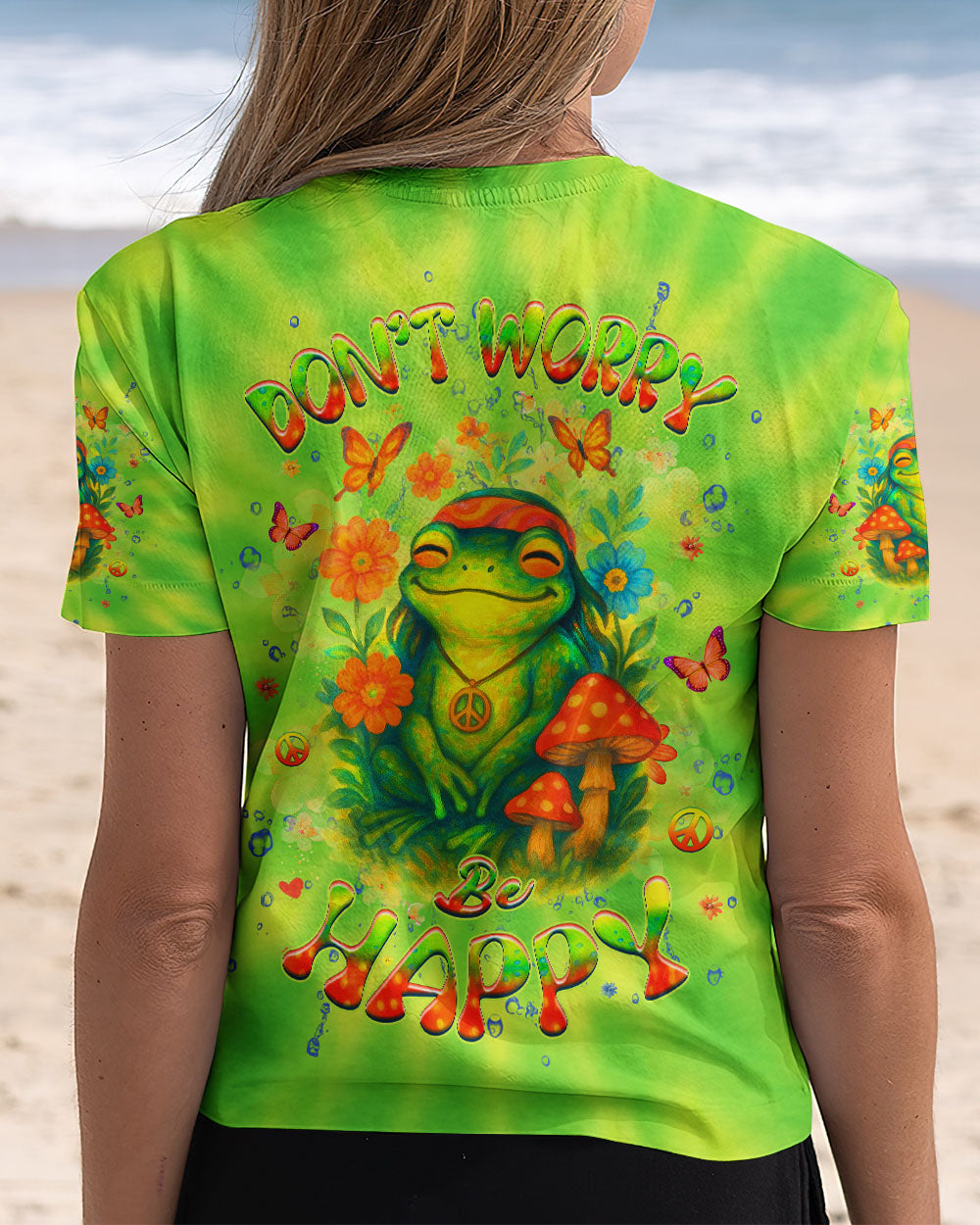 Don_E2_80_99t Worry Be Happy and Peaceful Frog Tie Dye Neon Green Design for Women AOP Shirts _6_ CI2Wz