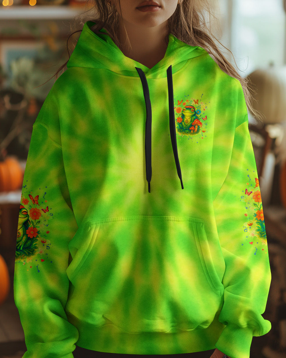 Don_E2_80_99t Worry Be Happy and Peaceful Frog Tie Dye Neon Green Design for Women AOP Shirts _7_ AVi1H