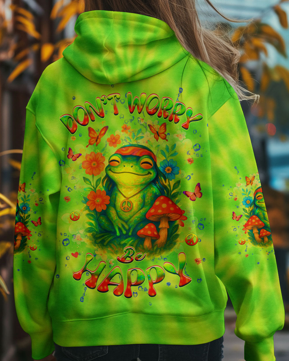 Don_E2_80_99t Worry Be Happy and Peaceful Frog Tie Dye Neon Green Design for Women AOP Shirts _8_ 5lC0o