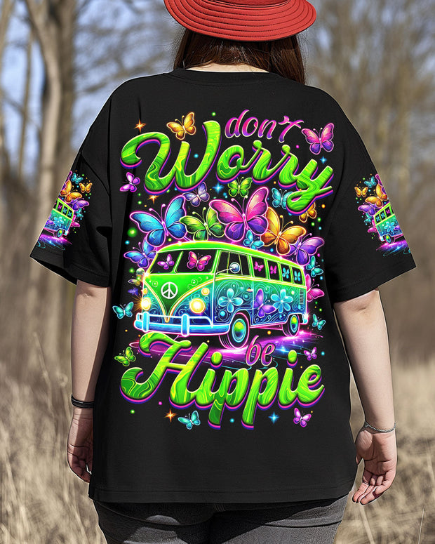 Don?t Worry Be Hippie - Neon Peace Van and Butterfly Hippie Graphic - AOP Shirts