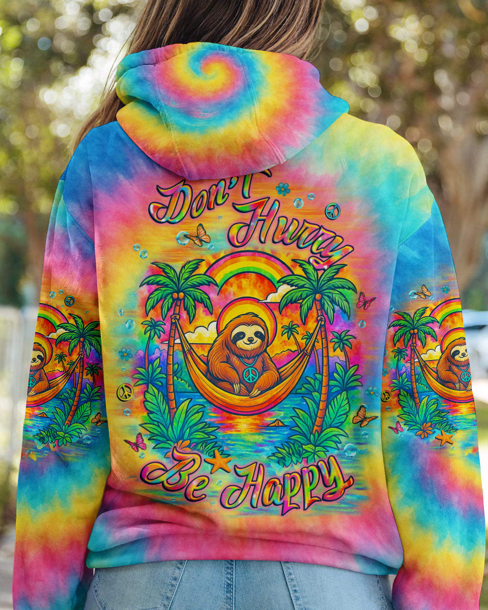 Dont Hurry Be Happy Tie Dye Sloth with Peace Sign and Palm Trees AOP Shirts _13_ Oln4R