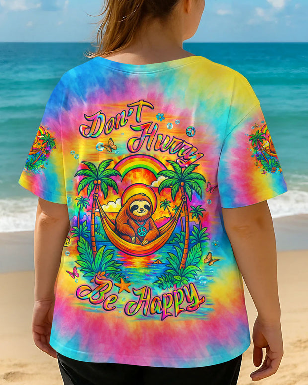 Don't Hurry Be Happy - Tie Dye Sloth with Peace Sign and Palm Trees - AOP Shirts