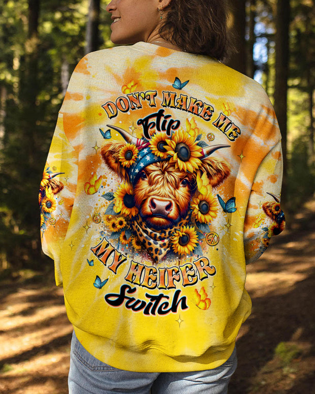 Don't Make Me Flip My Heifer Switch - Tie Dye Cow Sunflower - AOP Shirts