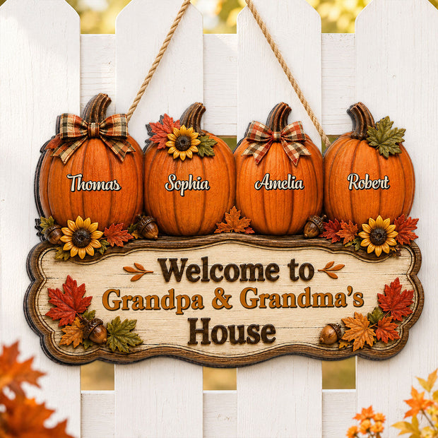 Cozy Warm Fall Season Vibe Little Pumpkins Welcome To Grandma Grandpa House - Personalized Wood Sign - Gift For Halloween