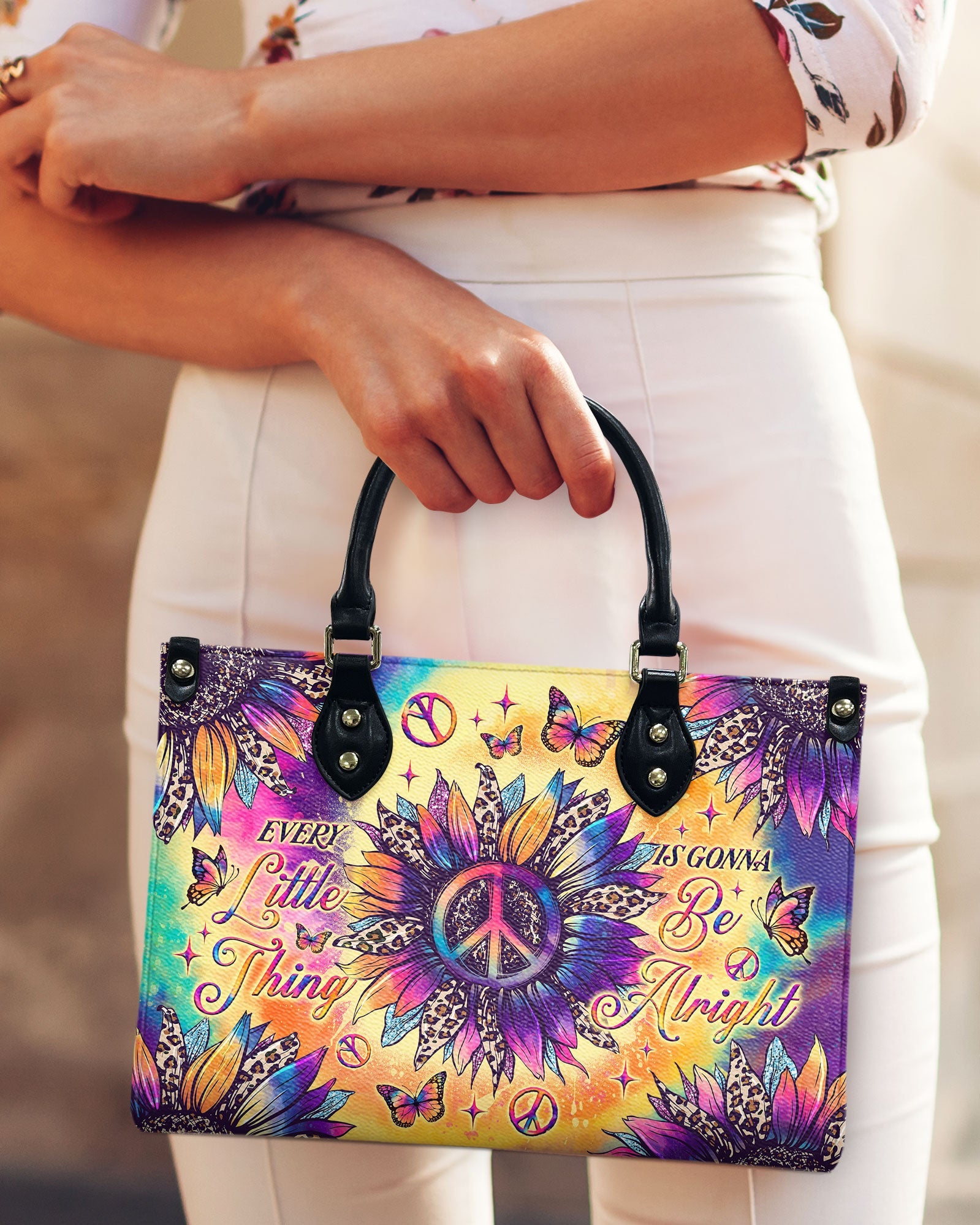 Every Little Thing Is Gonna Be Alright Peace Sign Flower Hippie Leather Bag _10_ AEnHs