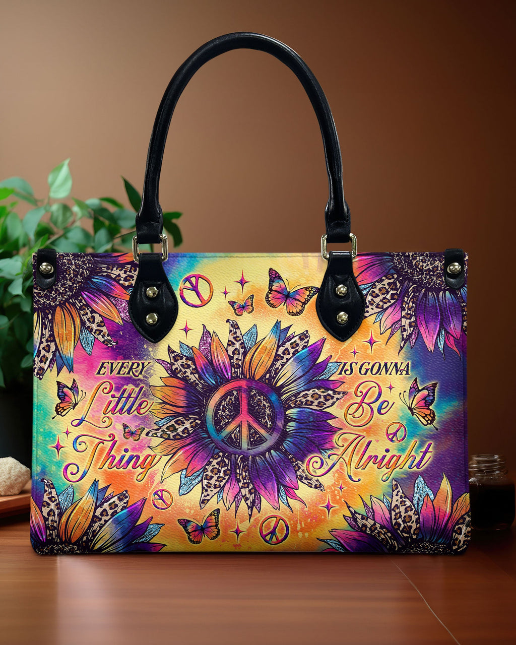 Every Little Thing Is Gonna Be Alright Peace Sign Flower Hippie Leather Bag _1_ BYJSN