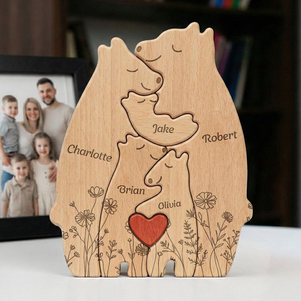 Floral Bear Family - Personalized Wooden Puzzle - Gift For Family CT01