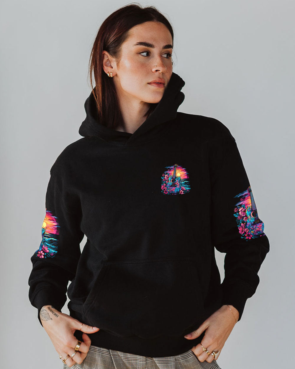 Find Me Where the Music Meets the Ocean Guitar Beach Floral Graphic AOP Shirts _4_ Hykgy