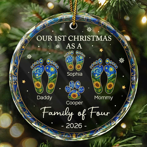 First Christmas As A Family Of Four Sunflower Footprints - Personalized Round Glass Ornament - Chrismas Gift For Family