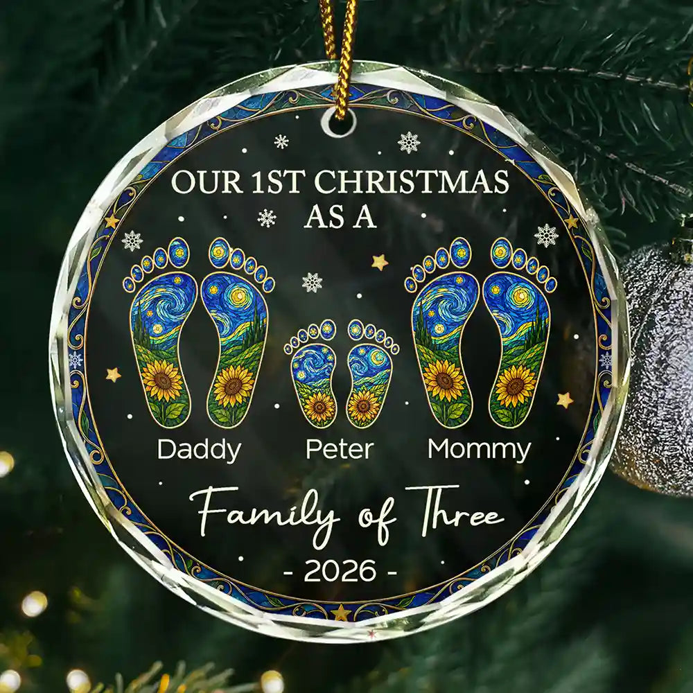 FirstChristmasAsAFamilyOfFourSunflowerFootprints PersonalizedCircleGlassOrnament MK1