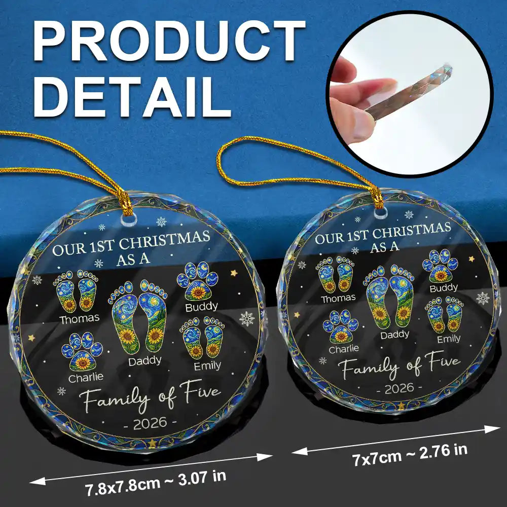 FirstChristmasAsAFamilyOfFourSunflowerFootprints PersonalizedCircleGlassOrnament MK6