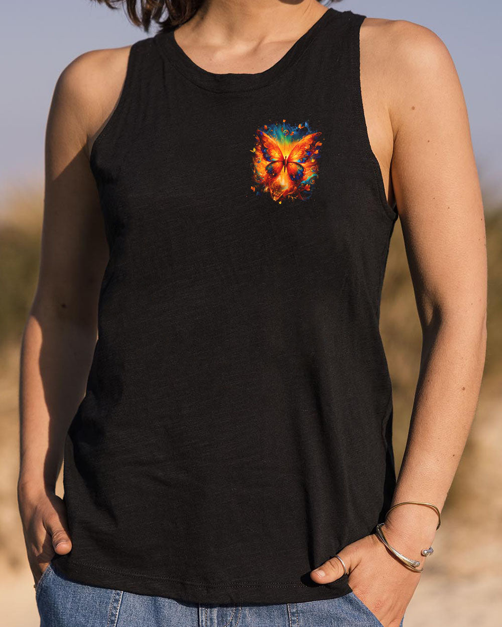 Fly High Be Free Be You Colorful Fire Butterfly Peace Sign Graphic AOP Shirts _6_ eY4Ky