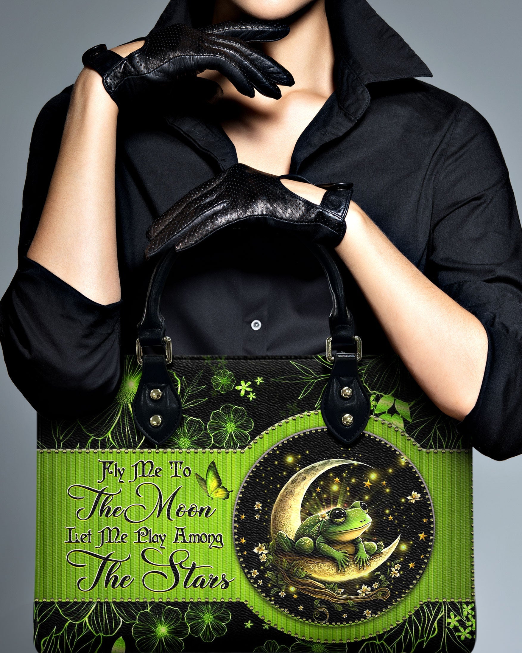 Fly Me to the Moon Let Me Play Among the Stars Celestial Moon Frog Hippie Leather Bag _10_ kZh7S