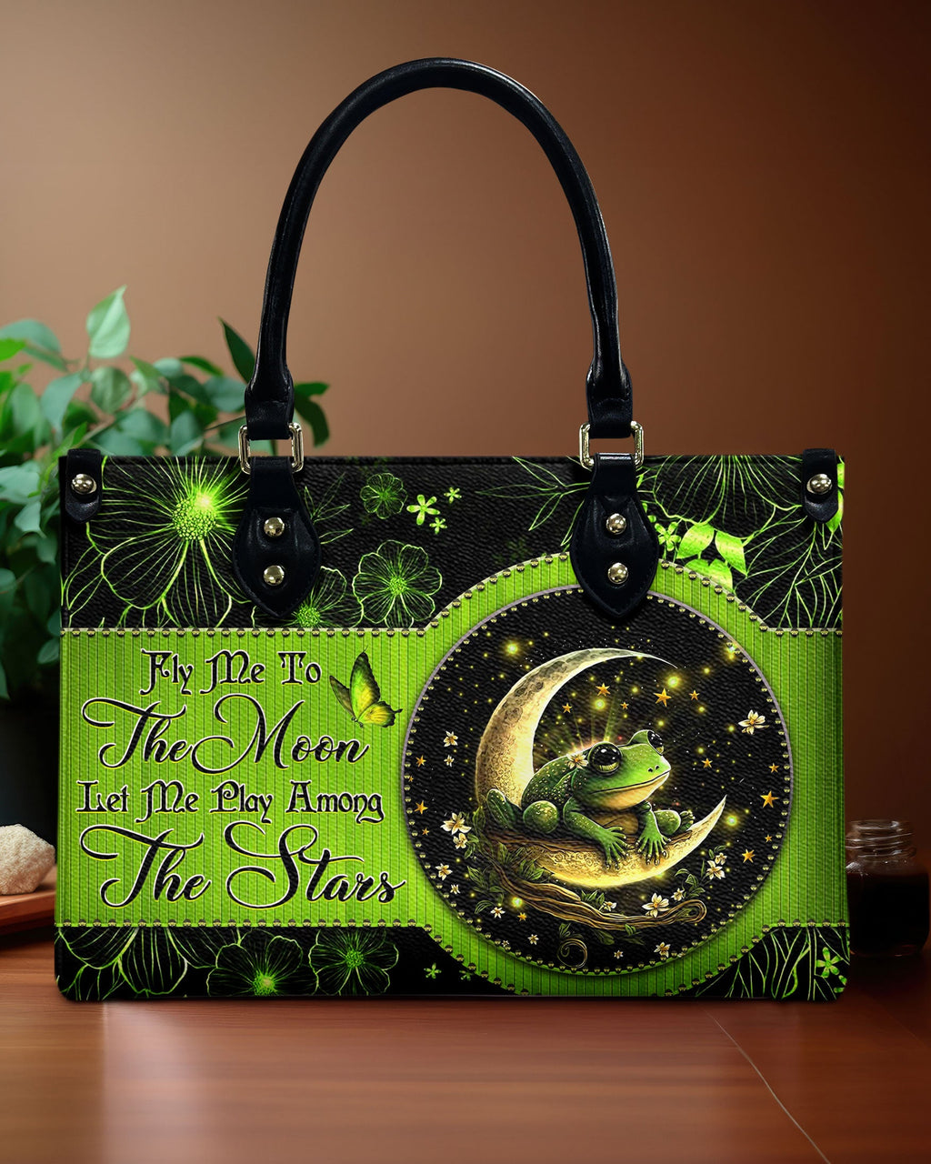 Fly Me to the Moon Let Me Play Among the Stars Celestial Moon Frog Hippie Leather Bag _1_ qqdaT