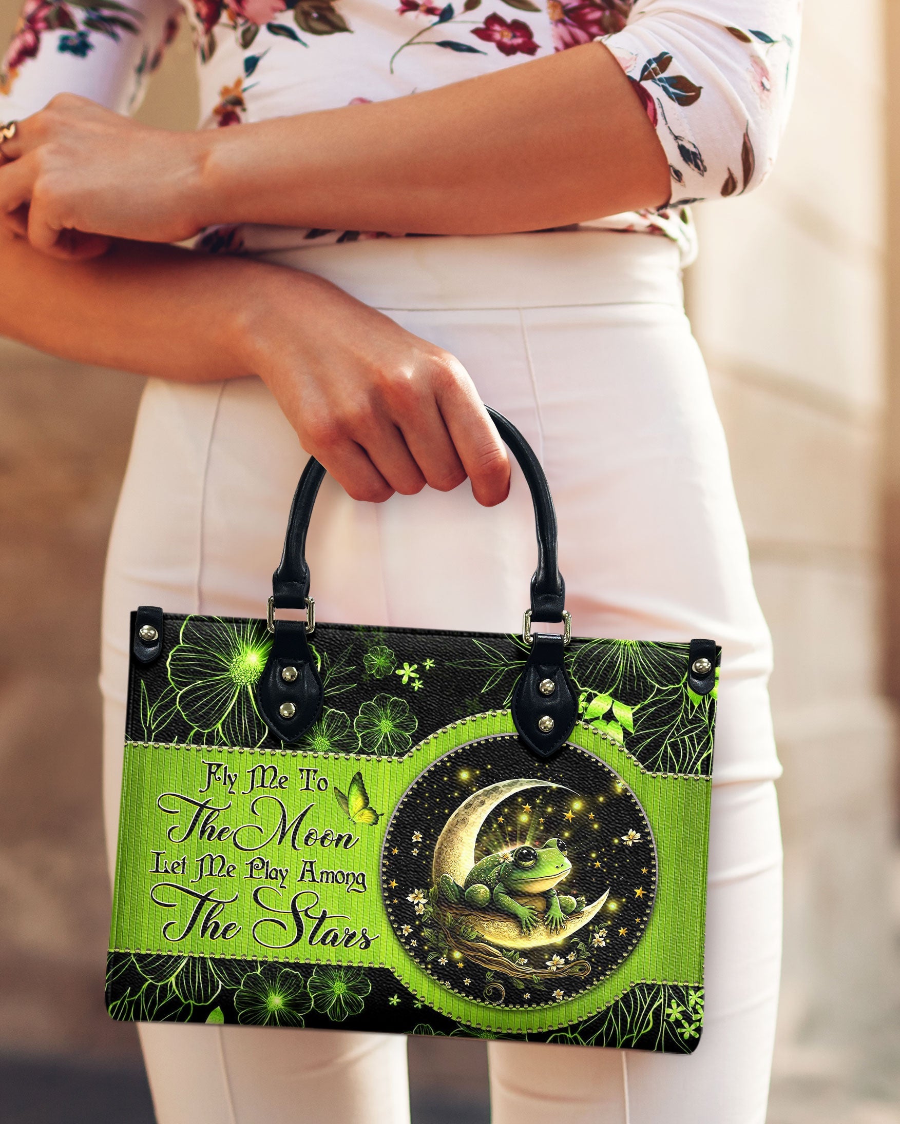 Fly Me to the Moon Let Me Play Among the Stars Celestial Moon Frog Hippie Leather Bag _2_ PmN88