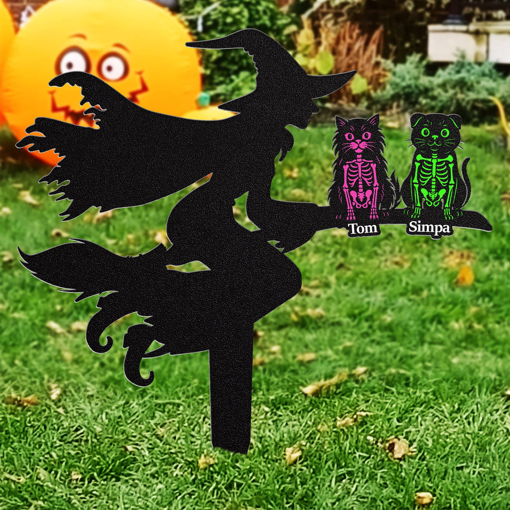 Flying Witch On Broom With Cat Skeleton Halloween Personalized Metal Garden Stake_1