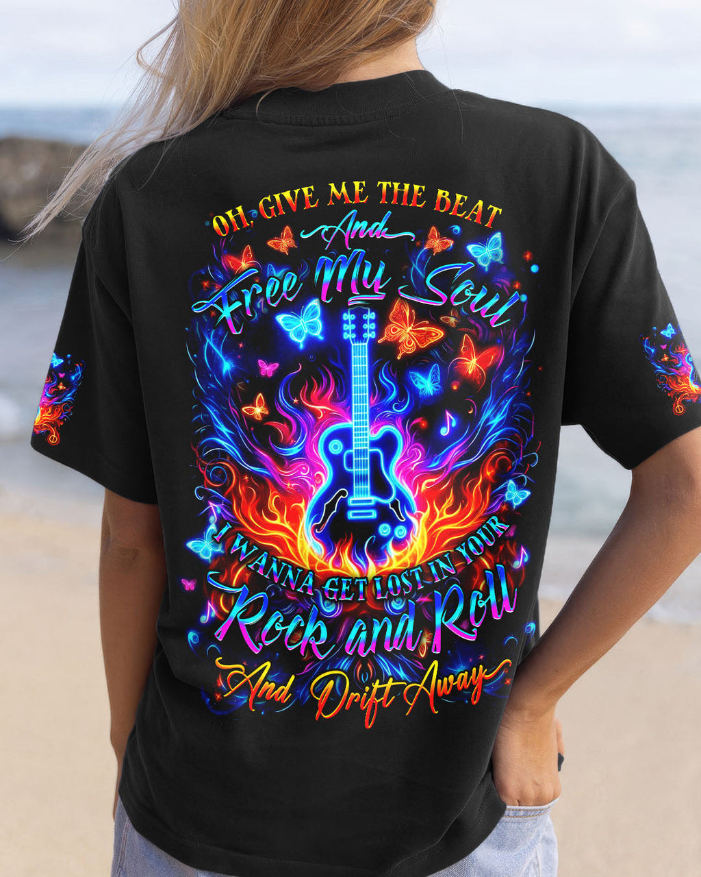 Free My Soul Rock and Roll Neon Vibrant Guitar Design for Women AOP Shirts _1_ aW8dY