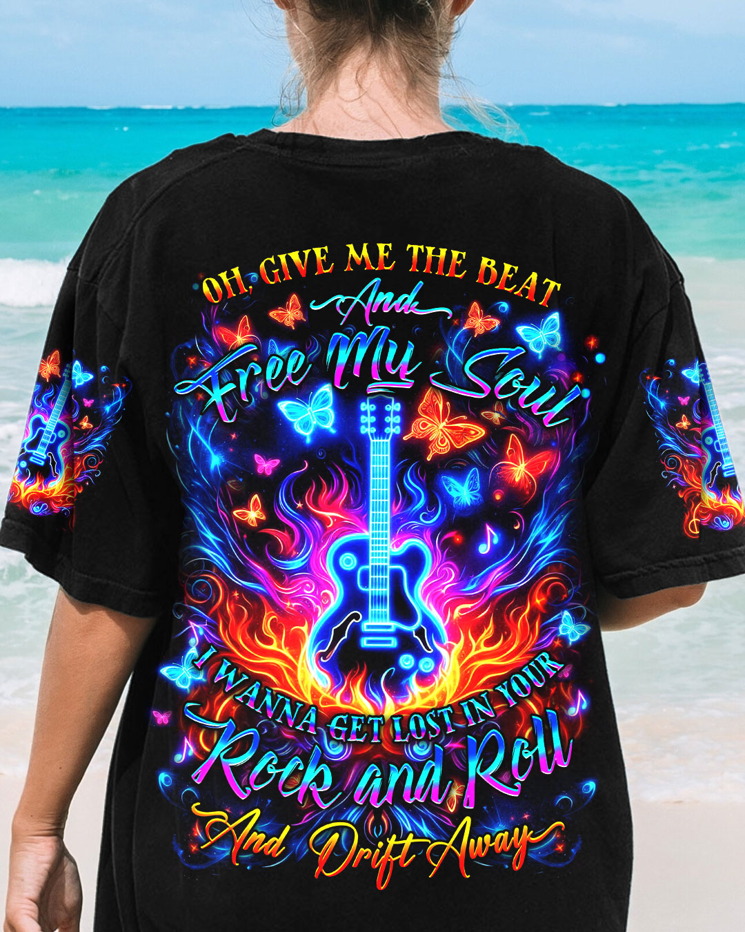 Free My Soul Rock and Roll Neon Vibrant Guitar Design for Women AOP Shirts _3_ WxLVV