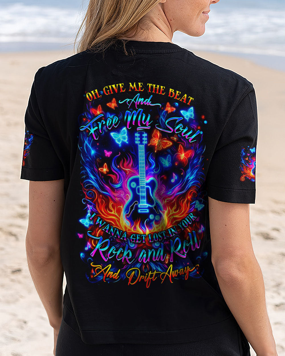 Free My Soul Rock and Roll Neon Vibrant Guitar Design for Women AOP Shirts _5_ 6yubK