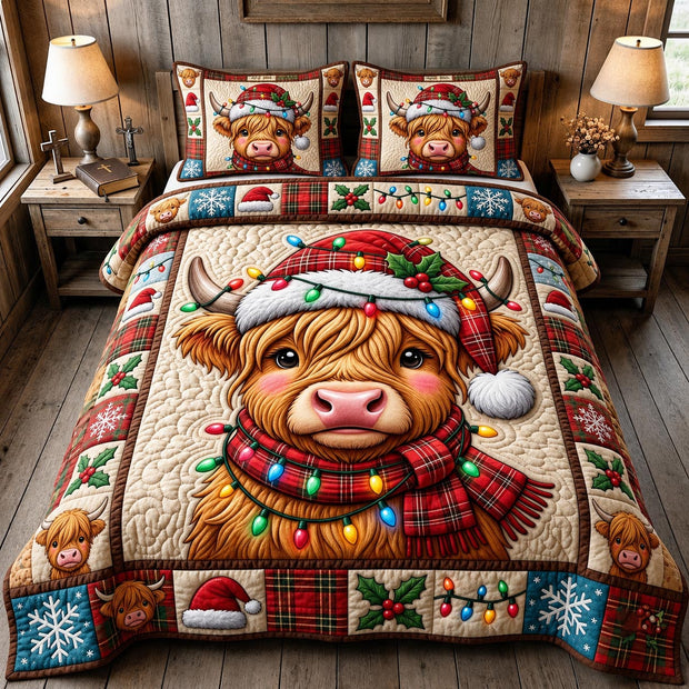 Highland Cow Christmas Bedding Set Gift For Family - Personalized Quilt Bedding Set