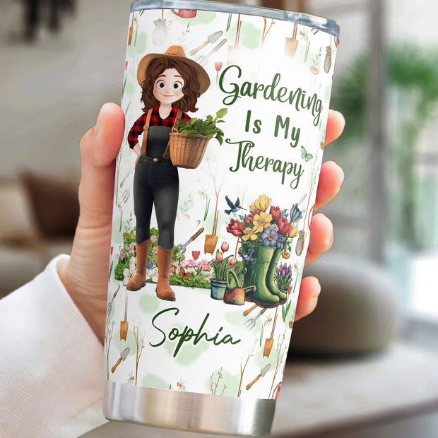 Gardening Is My Therapy Cartoon Version - Personalized Tumbler - Gift For Garden Lovers