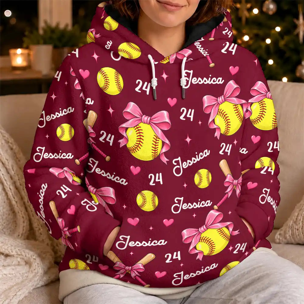 GiftForSoftballPlayer PersonalizedNameNumberCoquetteBowFleeceHoodie MI420 CLA4075 MK5