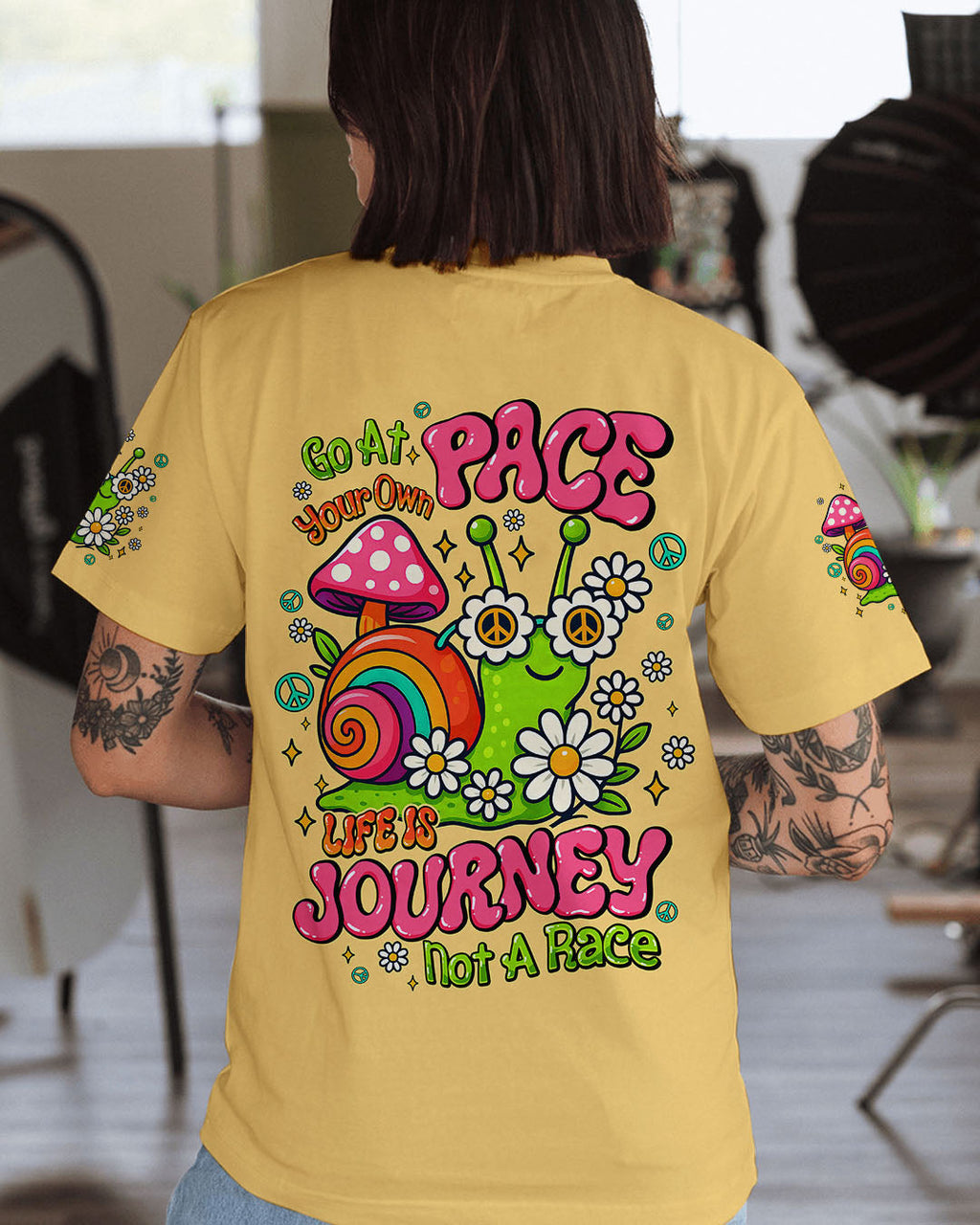 Go At Your Own Pace Hippie Snail Peaceful and Colorful AOP Shirts _1_ j4qkH