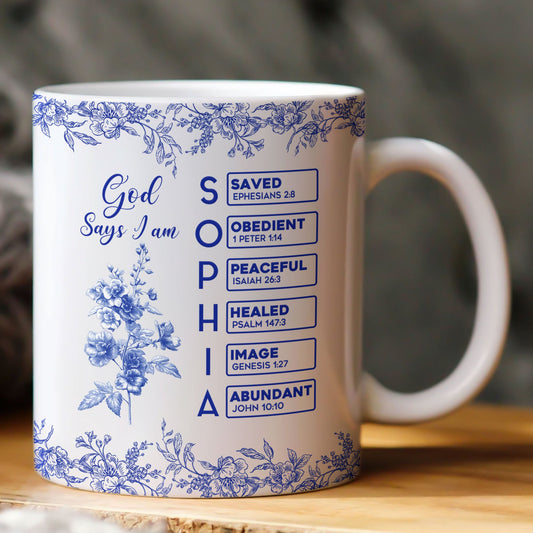 God Says I Am Name Letter In Bible Birth Flower Toile De Jouy Style Personalized Mug_1