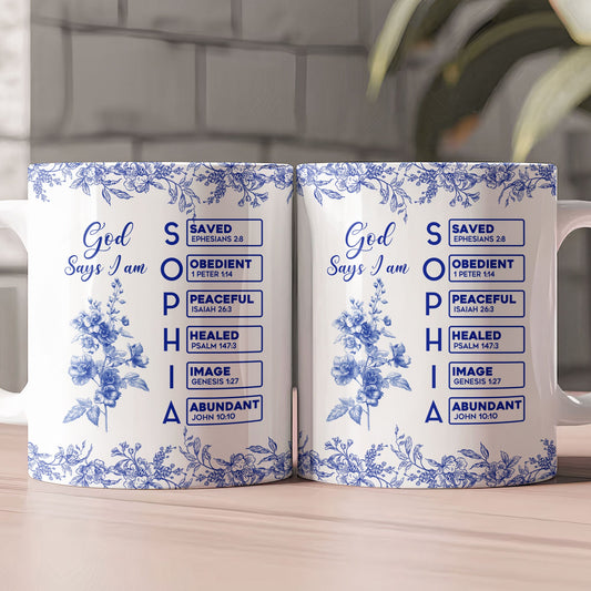 God Says I Am Name Letter In Bible Birth Flower Toile De Jouy Style Personalized Mug_2