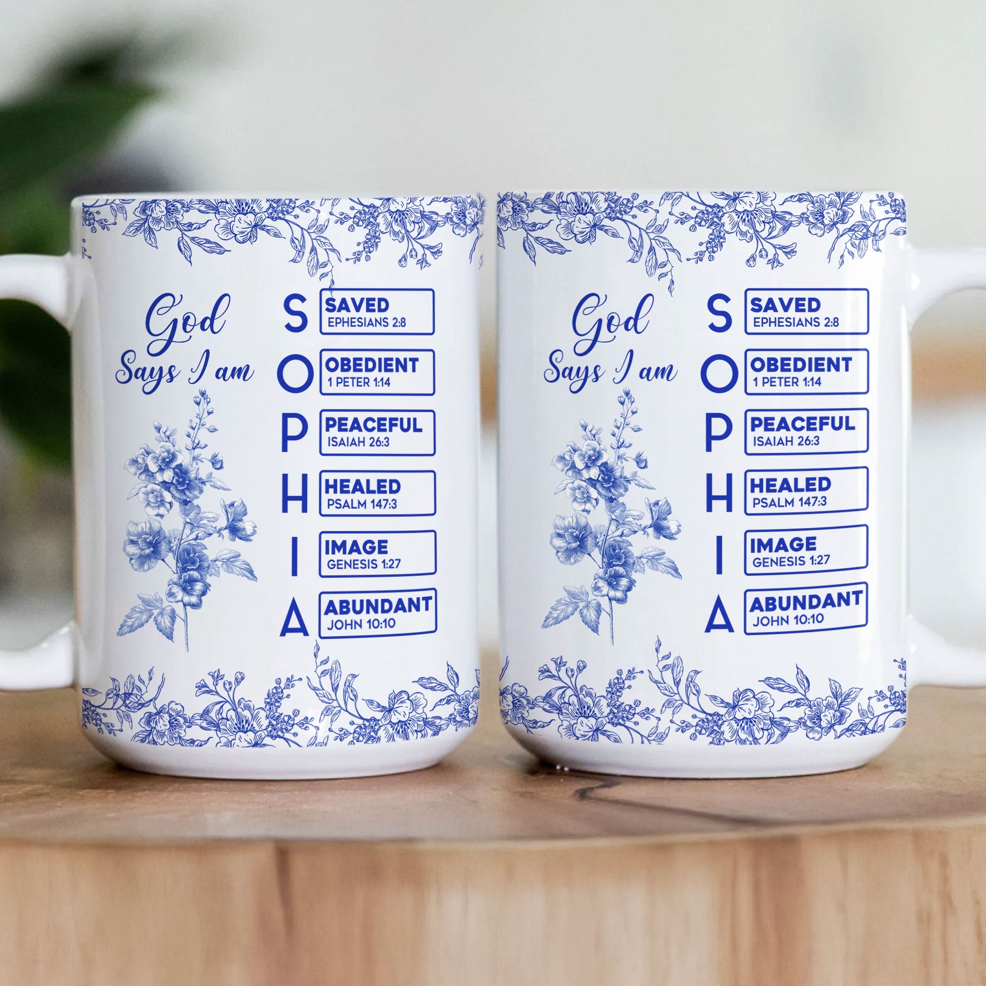 God Says I Am Name Letter In Bible Birth Flower Toile De Jouy Style Personalized Mug_3