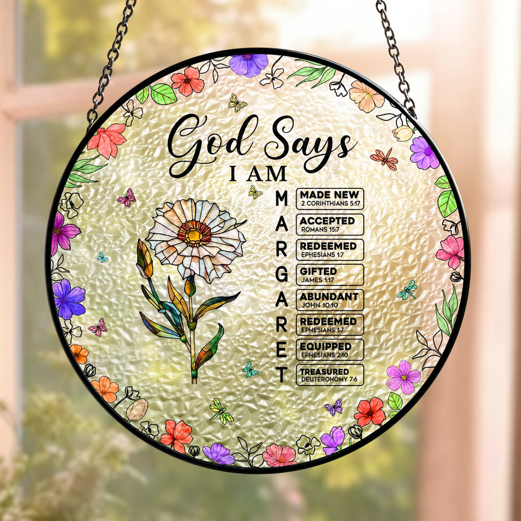 God Says I Am Name Letter In Bible Personalized Stained Glass Window Hanging Suncatcher_1