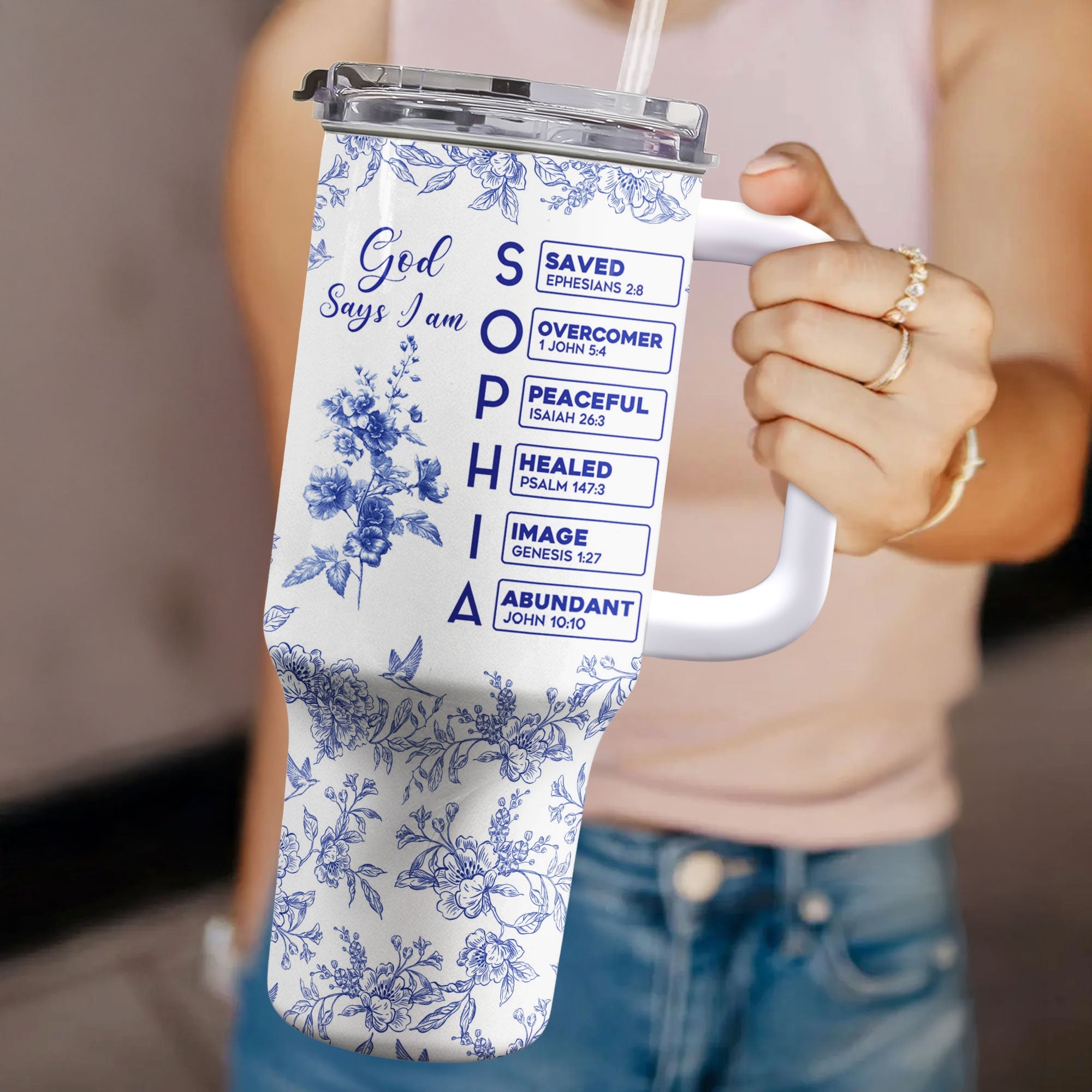 God Says I Am Name Letter In Bible Toile De Jouy Style Personalized 40oz Tumbler With Straw_3