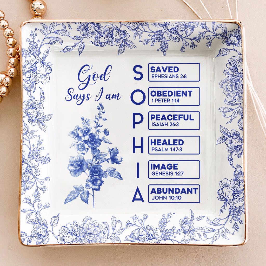 God Says I Am Name Letter In Bible Toile De Jouy Style Personalized Jewelry Dish_1