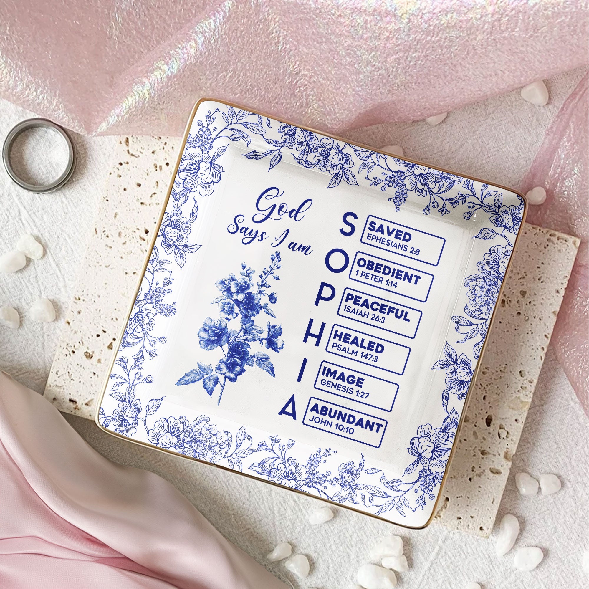 God Says I Am Name Letter In Bible Toile De Jouy Style Personalized Jewelry Dish_2