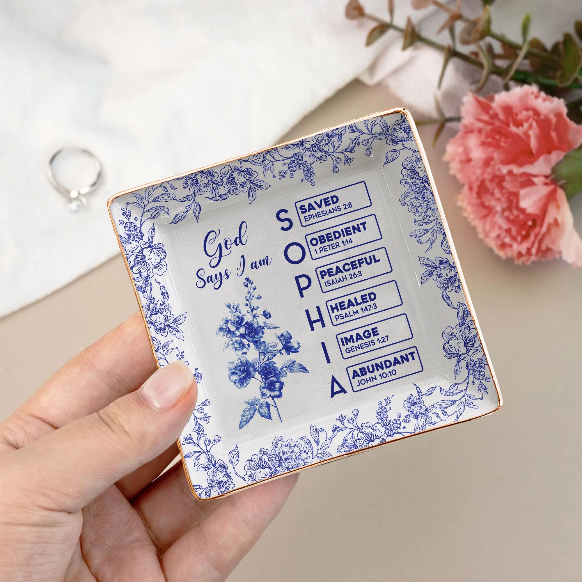 God Says I Am Name Letter In Bible Toile De Jouy Style Personalized Jewelry Dish_3