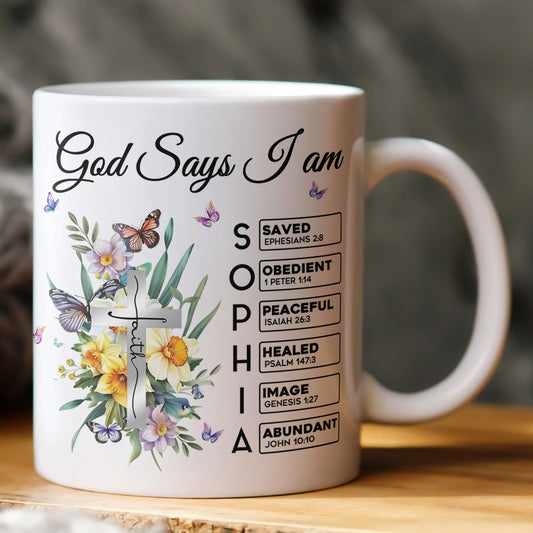 God Says I Am New Version Custom Birth Flower Name In Bible Personalized mug_1