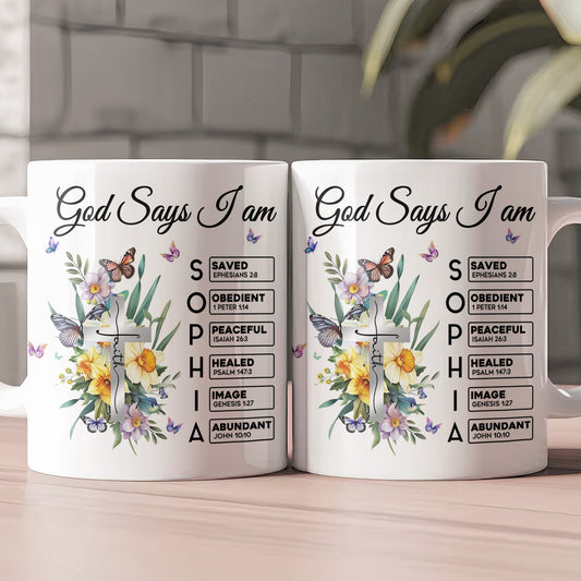 God Says I Am New Version Custom Birth Flower Name In Bible Personalized mug_2