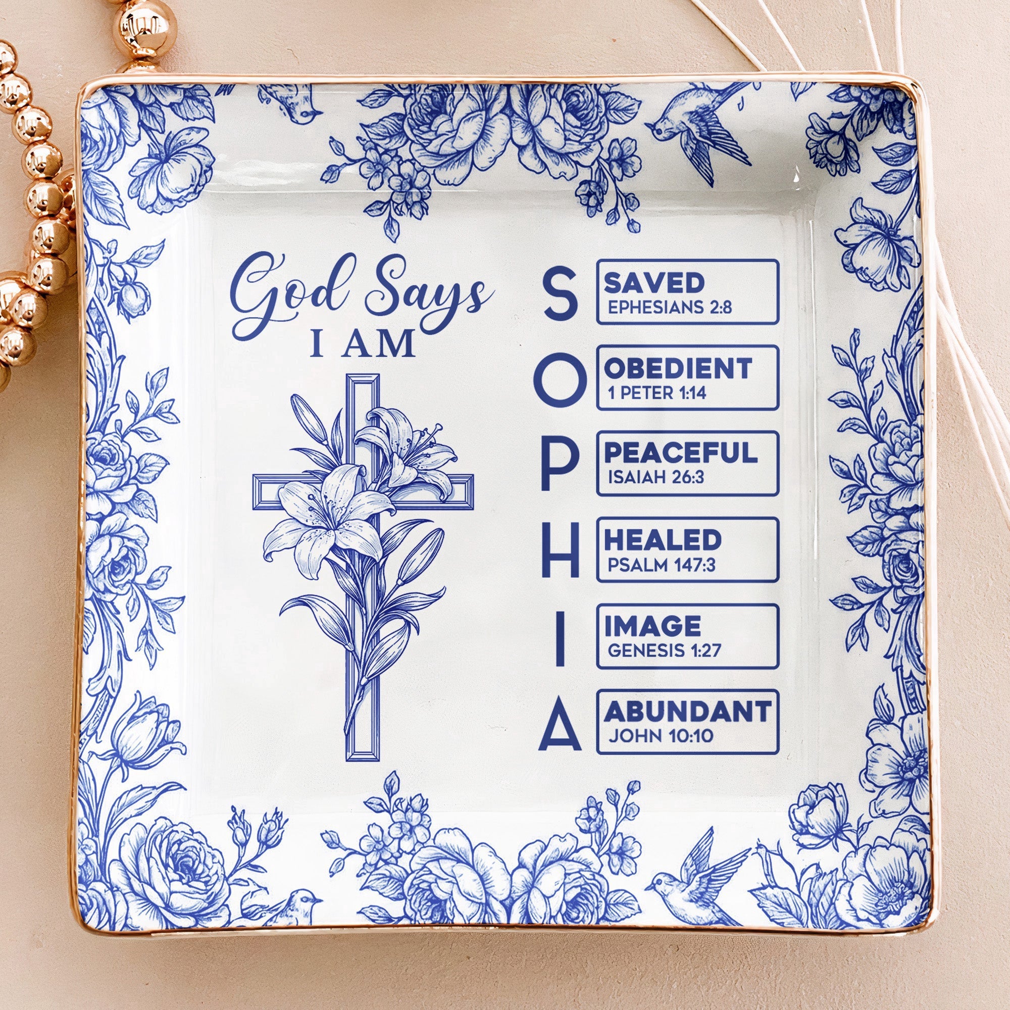 God_Says_I_Am_Name_Letter_In_Bible_Toile_De_Jouy_With_Faith_Symbol_Personalized_Jewelry_Dish_1