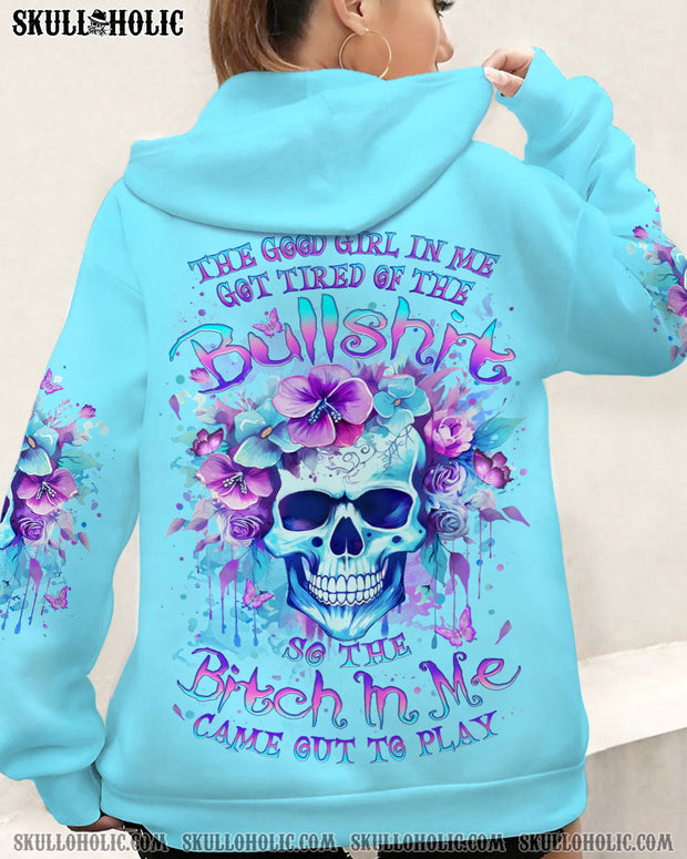Good Girl gone Bad The B in Me Came Out - Purple Skull and Floral Graphic for Women - AOP Shirts