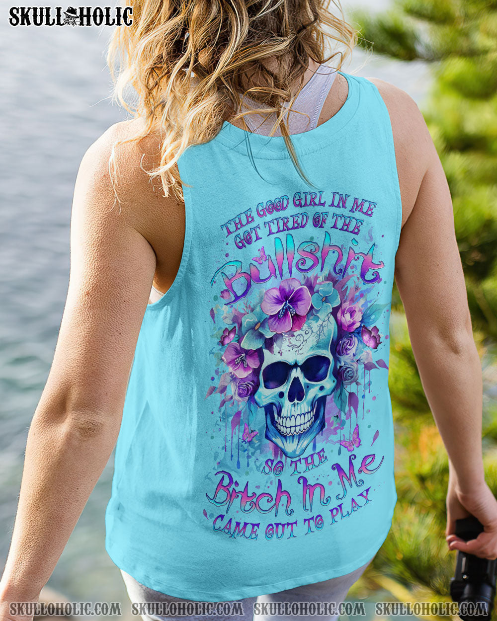 Good Girl gone Bad The B in Me Came Out Purple Skull and Floral Graphic for Women AOP Shirts _7_ uFdm0