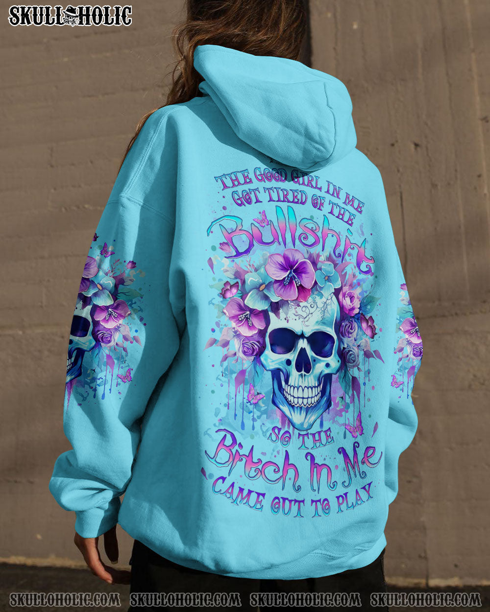 Good Girl gone Bad The B in Me Came Out Purple Skull and Floral Graphic for Women AOP Shirts _8_ kuvjd