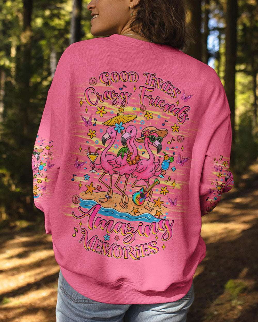 Good Times Crazy Friends Flamingo Fun and Colorful Summer Graphic Tee for Women AOP Shirts _10_ R704J