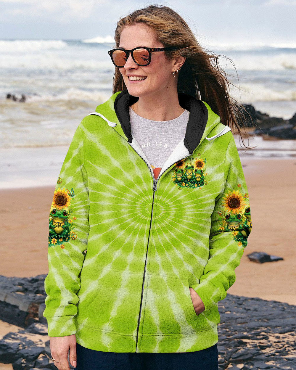 Good Times Crazy Friends Frog Fun Tie Dye with Sunflowers Graphic Tee for Women AOP Shirts _11_ zUj35