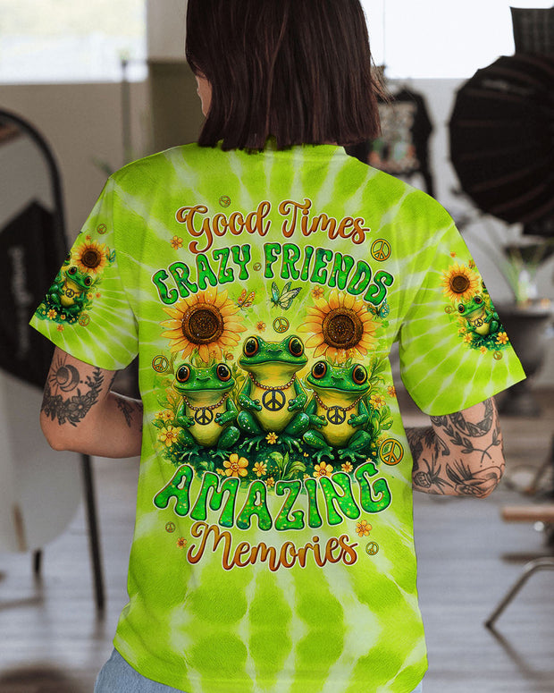 Good Times Crazy Friends Frog - Fun Tie-Dye  with Sunflowers Graphic Tee for Women - AOP Shirts