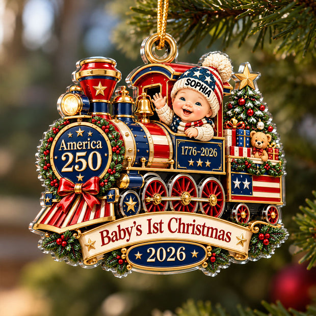 Baby On Train First Christmas 250th America Patriotic Decor, Gifts for New Parents - Personalized Acrylic Ornament