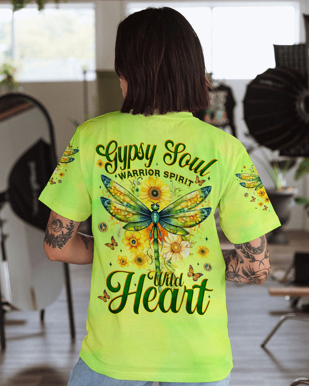 Gypsy Soul Warrior Spirit Wild Heart - Dragonfly and Sunflowers Graphic - AOP Shirts